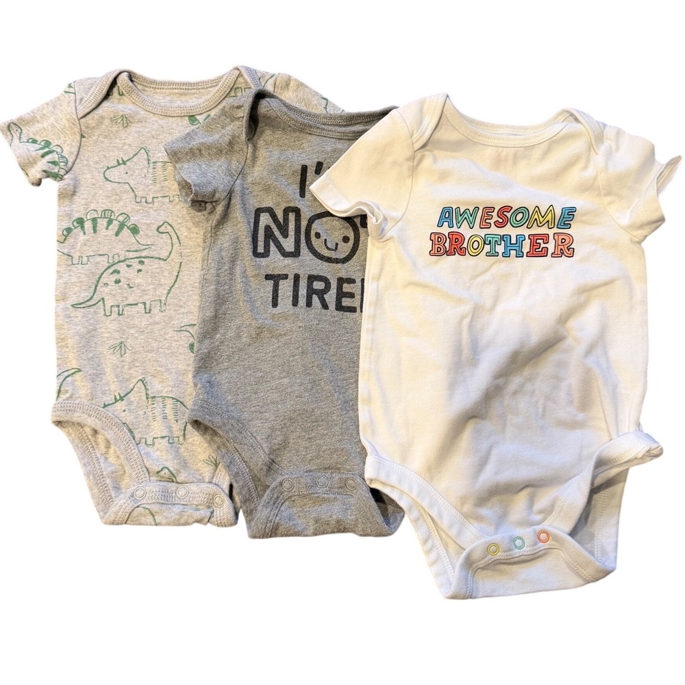 Baby Boy Bodysuit Lot 3pc "Awesome Brother", "I'm not tired" 3M 6M 9M